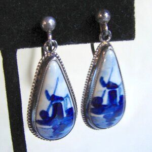 Sterling 835 Silver Delft Blue Windmill Drop/Dangle EARRINGS, Signed F54b